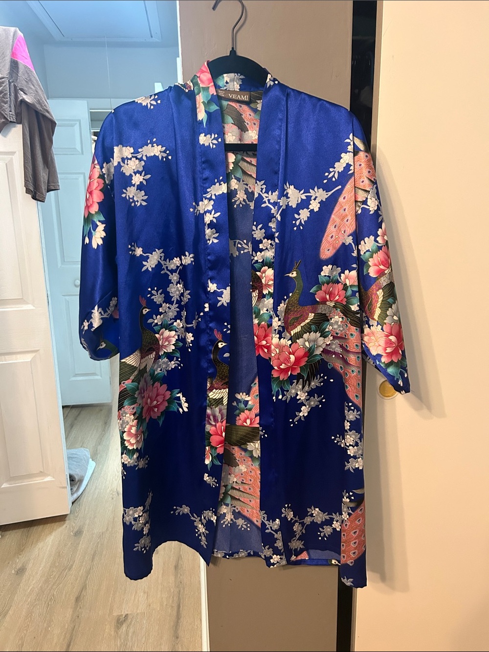 Women's Royal Blue Peacock Floral Kimono Robe